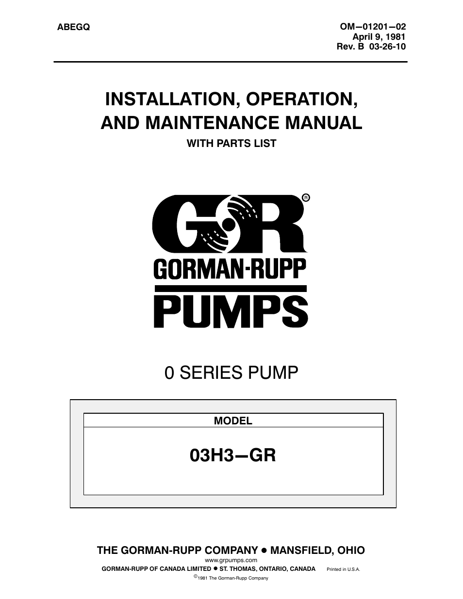 Gorman-Rupp Pumps 03H3-GR 285579 and up User Manual | 34 pages