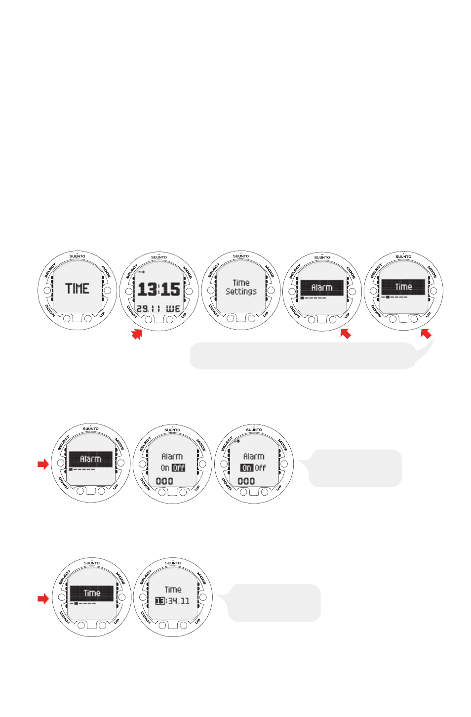 Getting started with your suunto vyper air, Time mode settings, Setting the alarm | Setting the time, Setting the date, Getting started with your suunto vyper, 11 4.1.2. setting the time, 11 4.1.3. setting the date | SUUNTO Vyper Air User Manual | Page 11 / 65