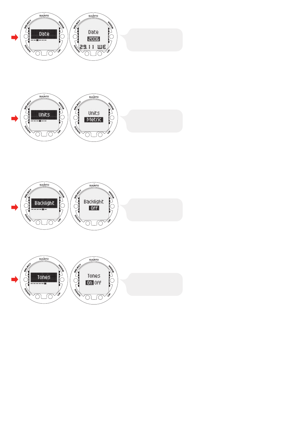 Setting the units, Setting the backlight, Setting the tones | Ac water contacts, 12 4.1.5. setting the backlight, 12 4.1.6. setting the tones | SUUNTO Vyper Air User Manual | Page 12 / 65