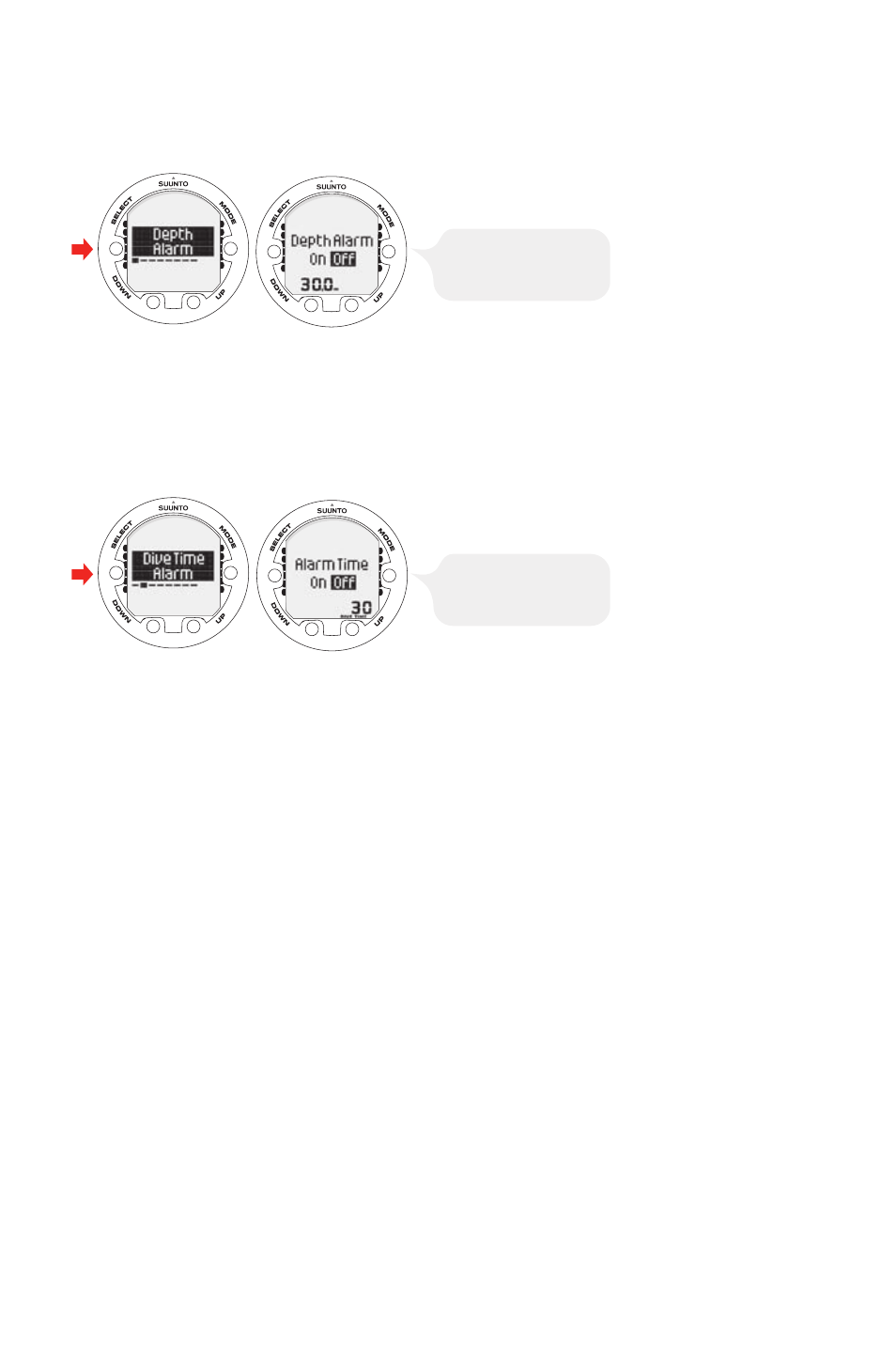 Setting the depth alarm, Setting the dive-time alarm, Setting the nitrox values | 21 5.8.2. setting the dive-time alarm, 21 5.8.3. setting the nitrox values | SUUNTO Vyper Air User Manual | Page 21 / 65
