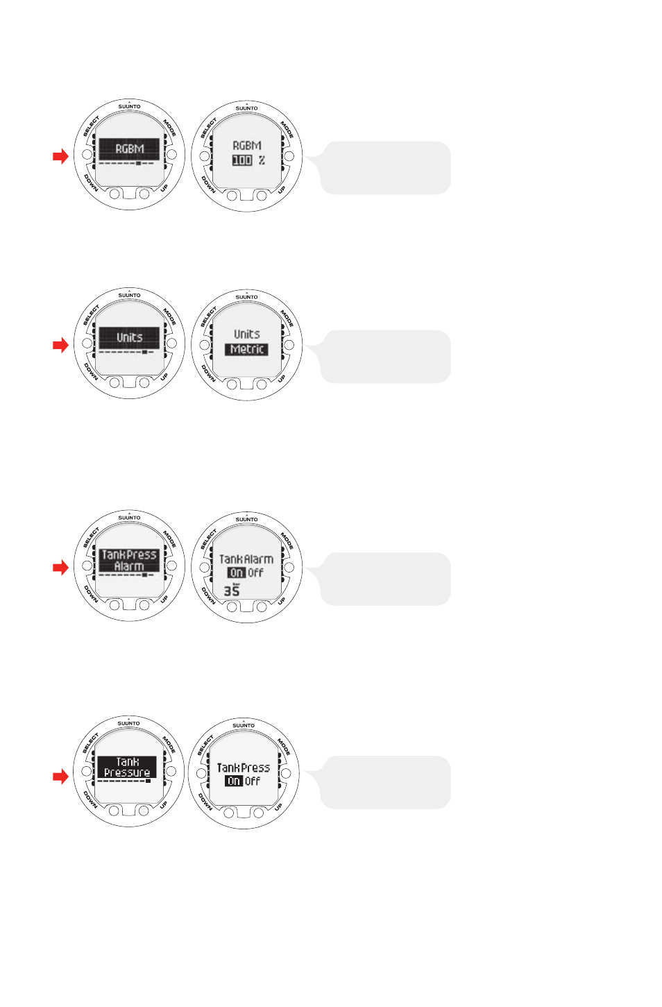 Setting the rgbm values, Setting the units, Setting the tank pressure alarm | Setting the tank pressure, Setting the hp code, 23 5.8.8. setting the units, 23 5.8.9. setting the tank pressure alarm, 23 5.8.10. setting the tank pressure, 23 5.8.11. setting the hp code | SUUNTO Vyper Air User Manual | Page 23 / 65