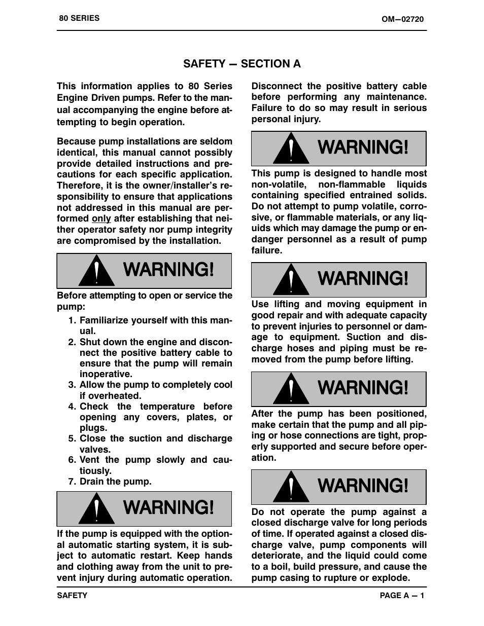 Safety - section a | Gorman-Rupp Pumps 88A2-F6L 1306307 thru 1341411 User Manual | Page 6 / 35