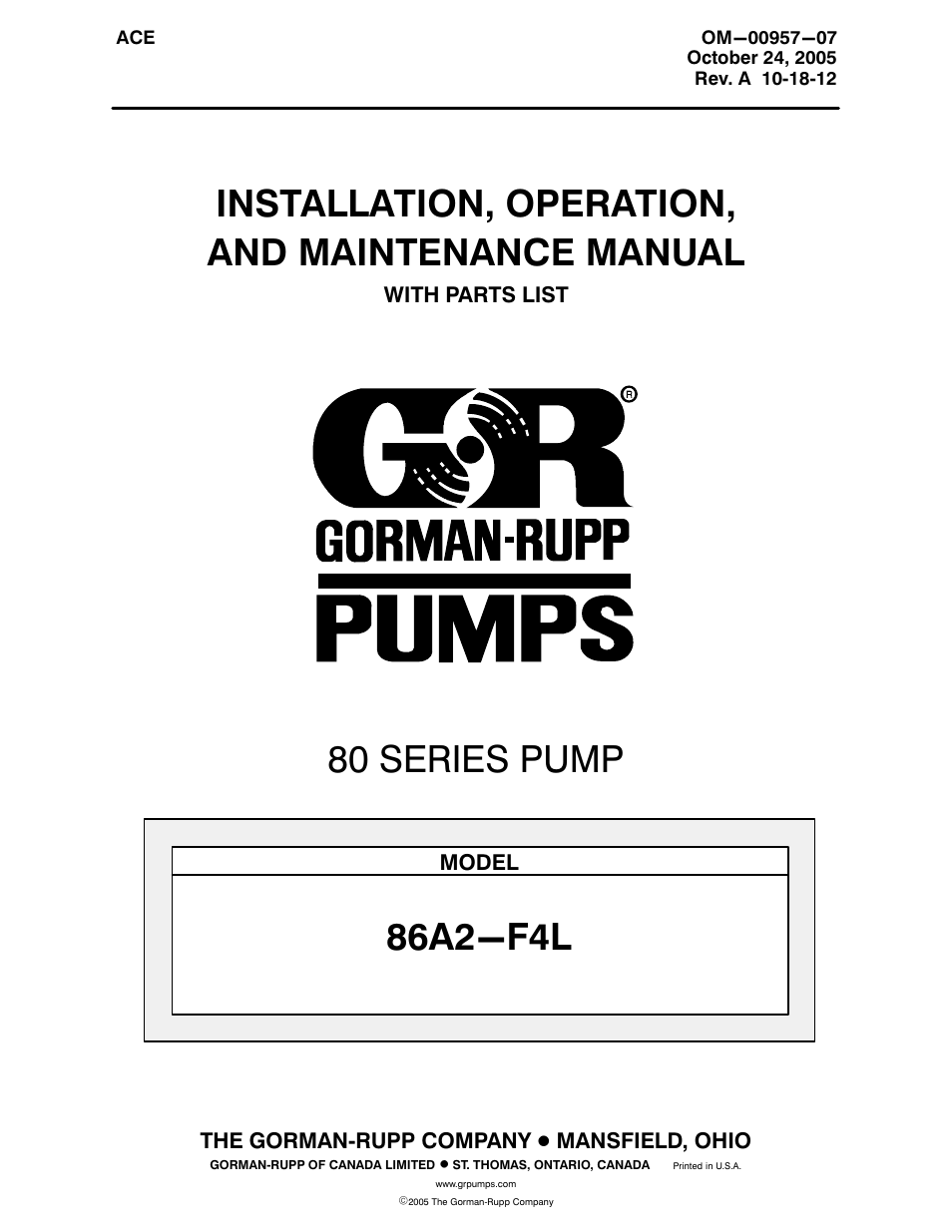 Gorman-Rupp Pumps 86A2-F4L 1322538 and up User Manual | 36 pages