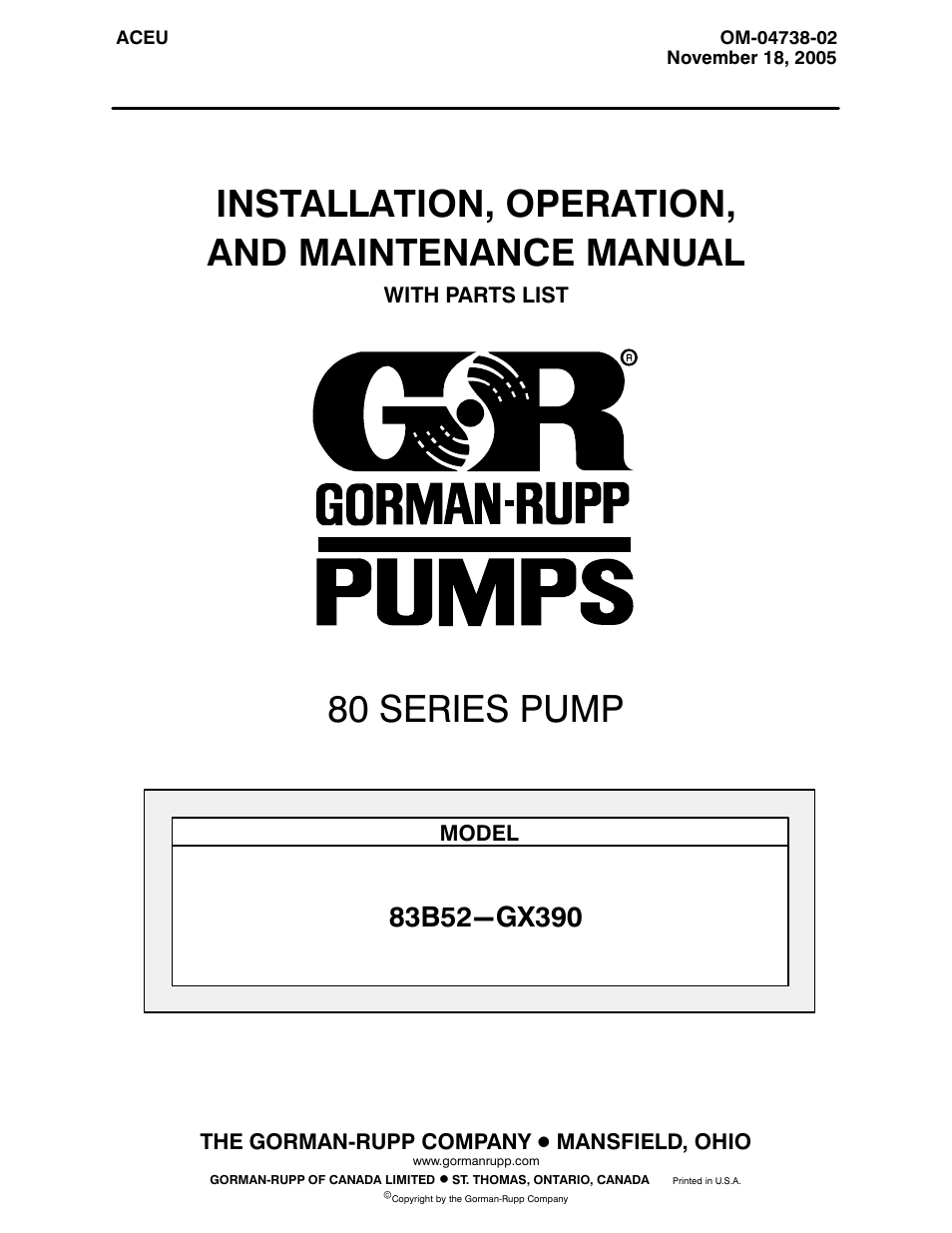 Gorman-Rupp Pumps 83B52-GX390 1324570 and up User Manual | 29 pages