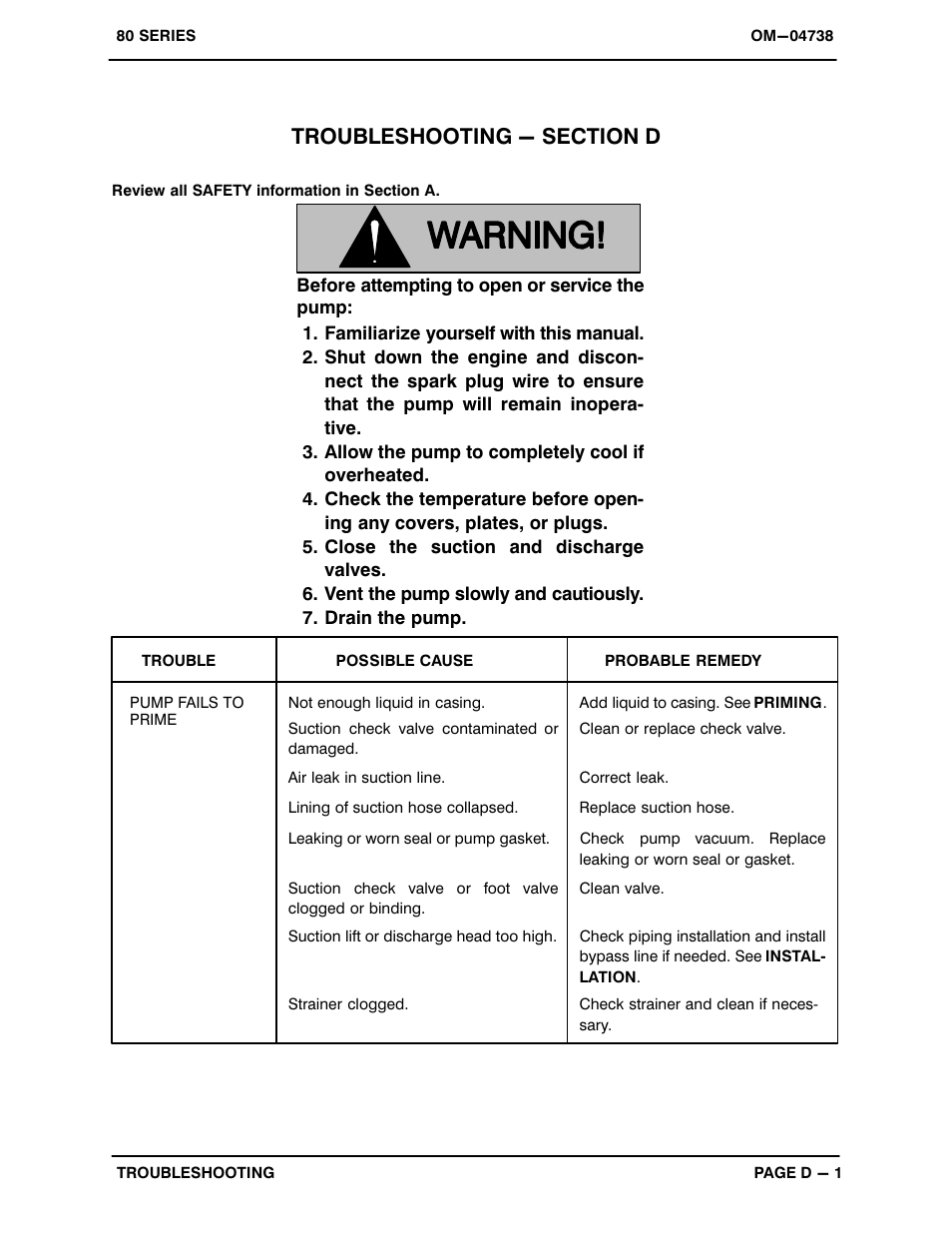 Troubleshooting - section d | Gorman-Rupp Pumps 83B52-GX390 1324570 and up User Manual | Page 16 / 29