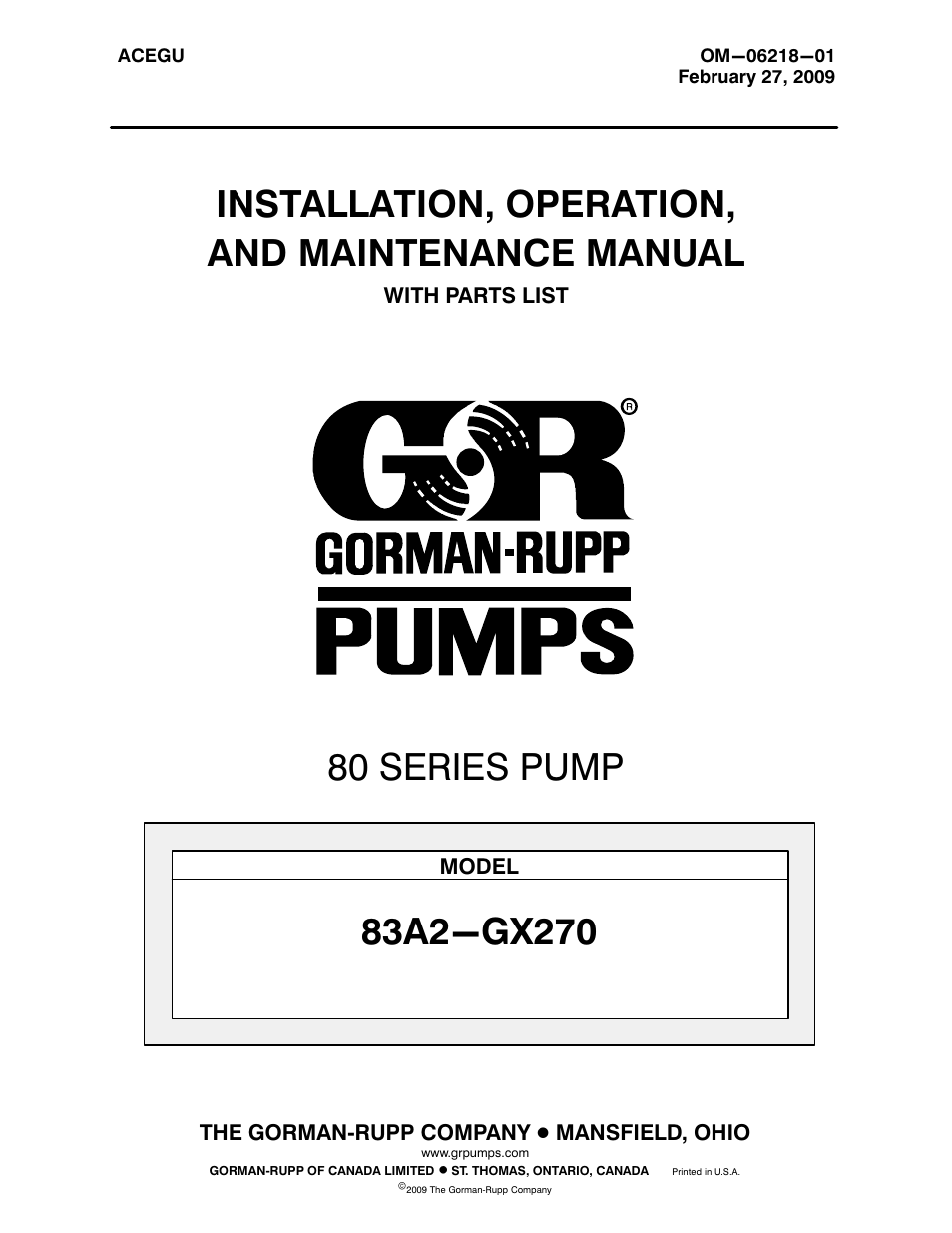 Gorman-Rupp Pumps 83A2-GX270 1423221 and up User Manual | 29 pages