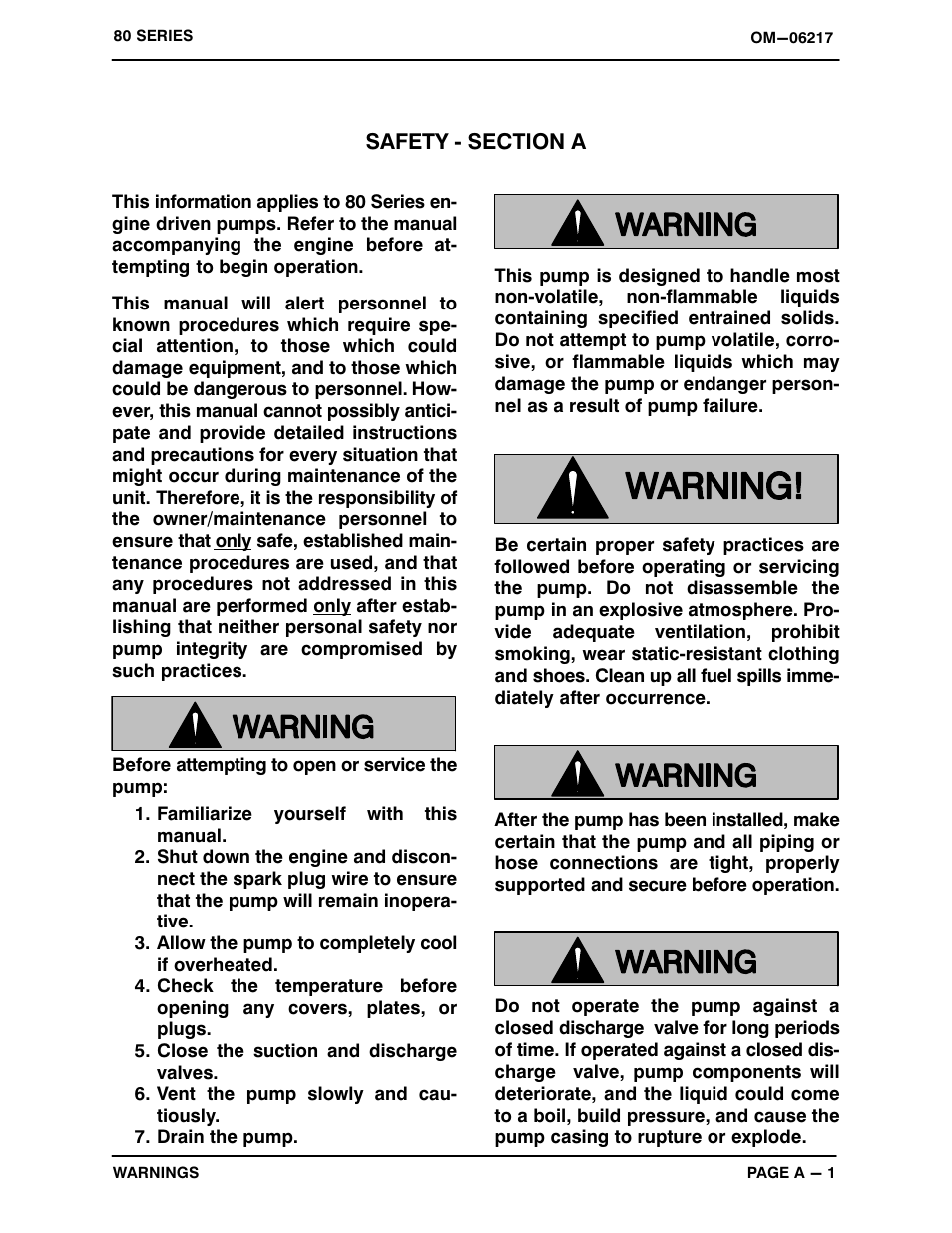 Safety - section a | Gorman-Rupp Pumps 82E2-GX270 1451696 and up User Manual | Page 6 / 29