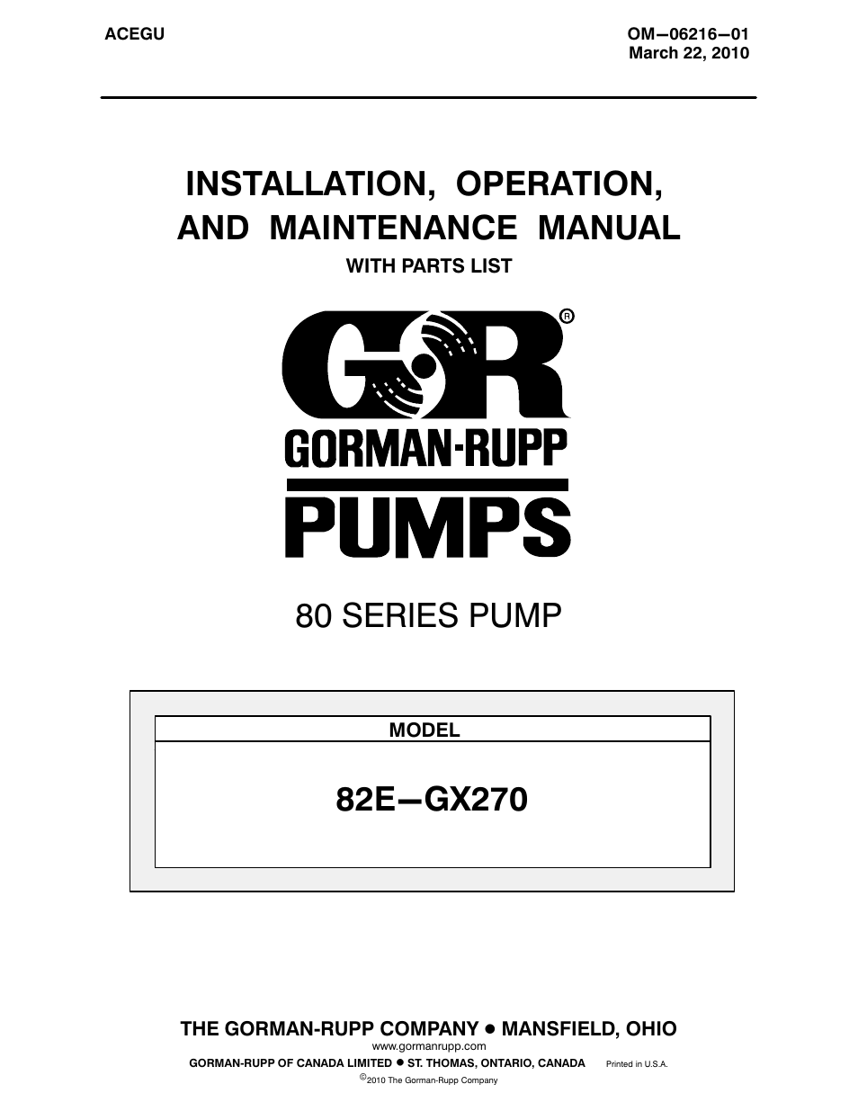 Gorman-Rupp Pumps 82E-GX270 1501111 and up User Manual | 29 pages