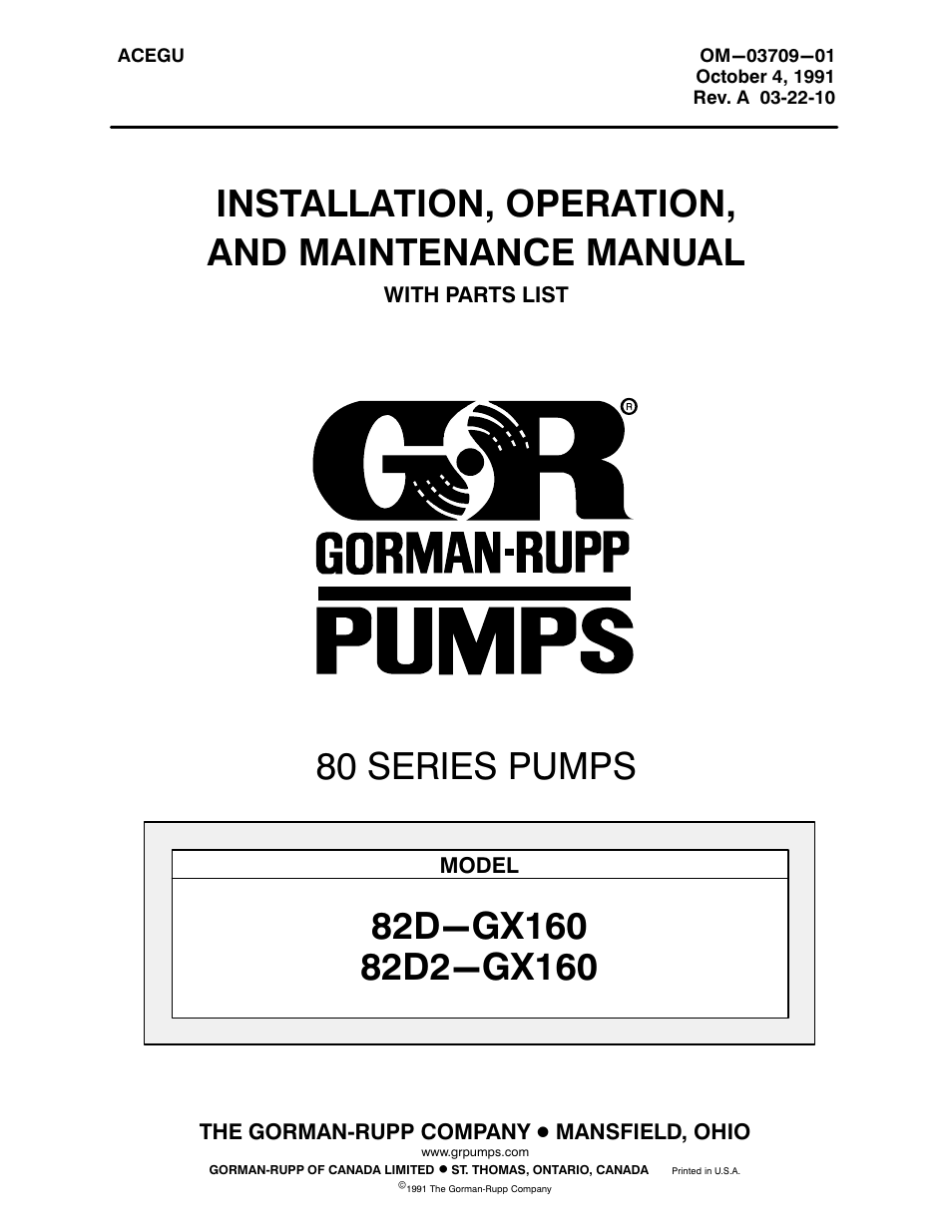 Gorman-Rupp Pumps 82D-GX160 987917 and up User Manual | 29 pages