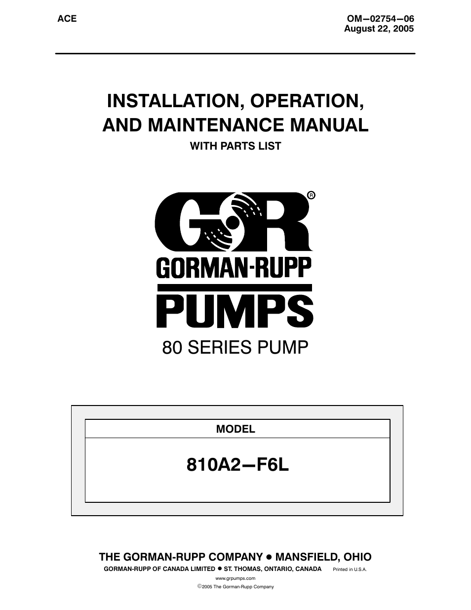 Gorman-Rupp Pumps 810A2-F6L All serial numbers User Manual | 33 pages