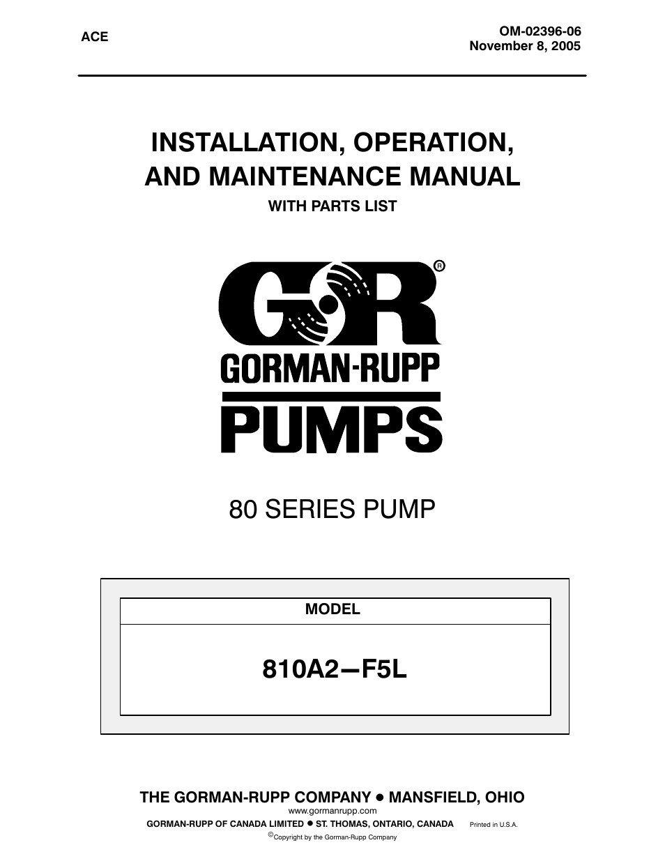 Gorman-Rupp Pumps 810A2-F5L 1322933 and up User Manual | 33 pages