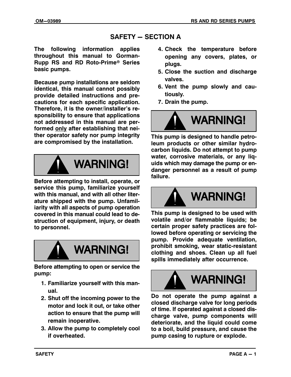 Safety - section a | Gorman-Rupp Pumps RD2A31-BAR All serial numbers User Manual | Page 5 / 21