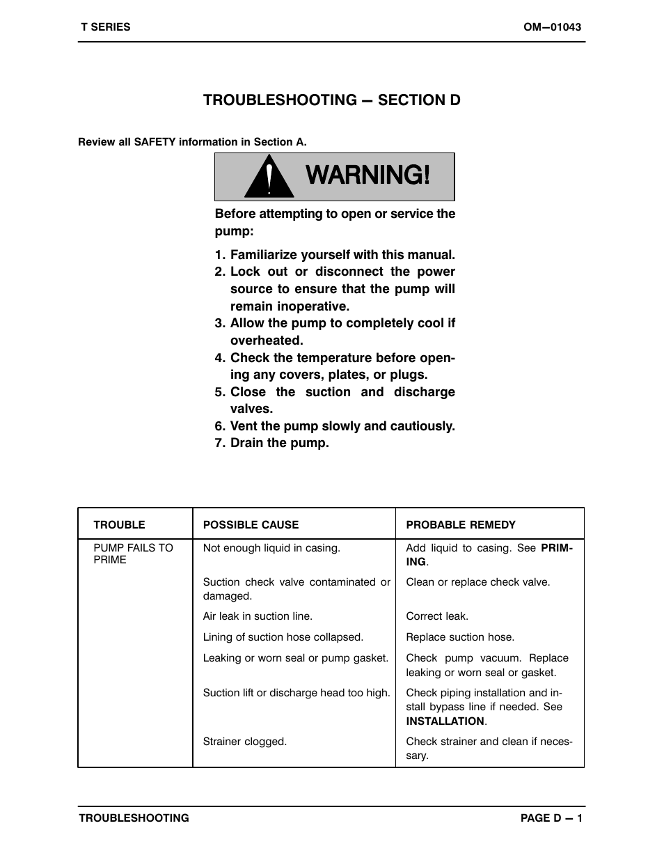 Troubleshooting - section d | Gorman-Rupp Pumps T4A3-B /F,/FM User Manual | Page 20 / 39