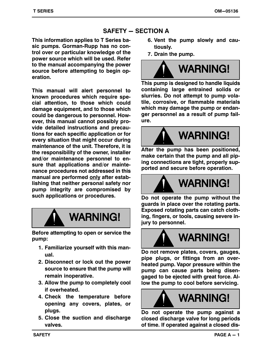 Safety - section a | Gorman-Rupp Pumps T2A3-B /F,/FM,/WW User Manual | Page 6 / 38