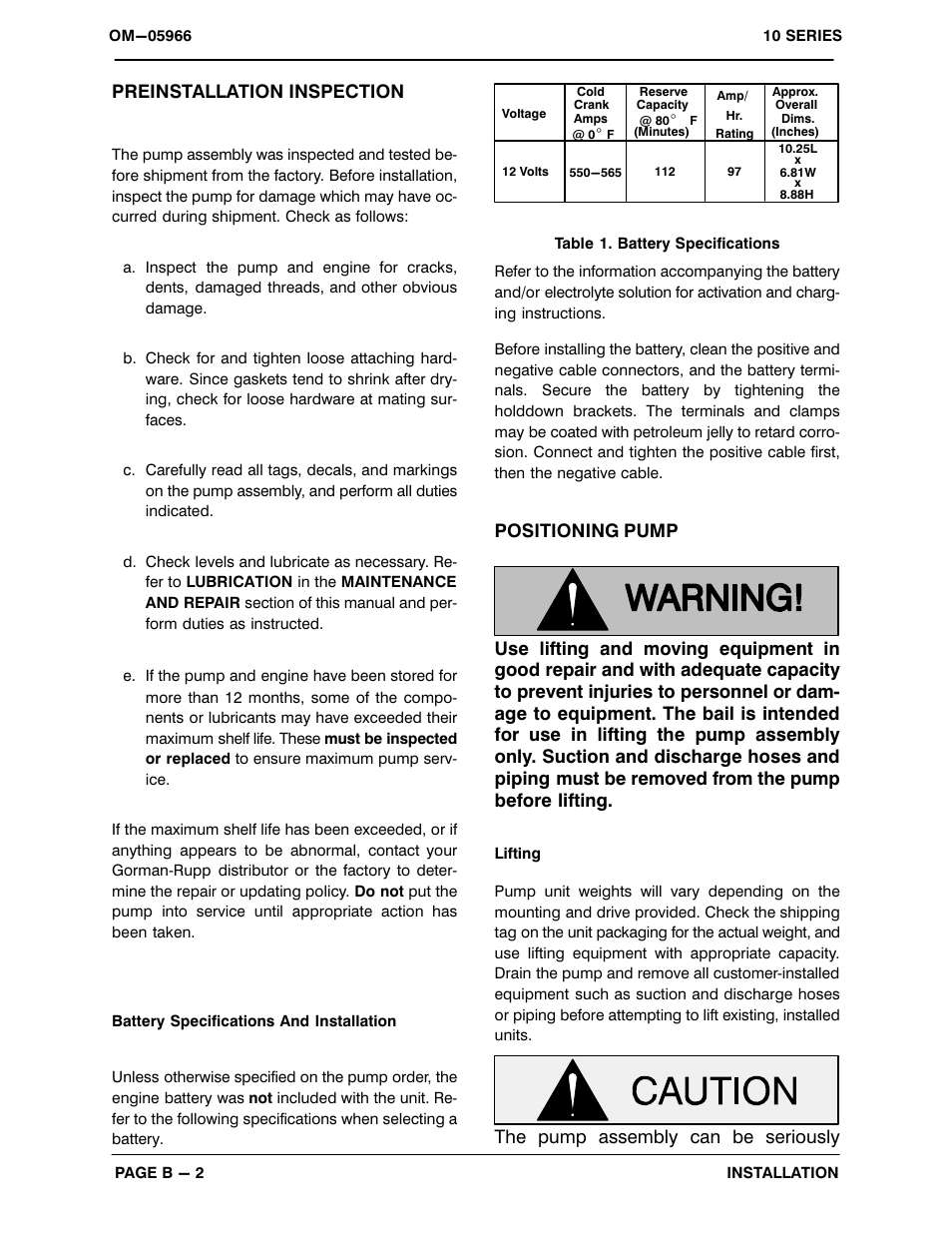 Preinstallation inspection, The pump assembly can be seriously | Gorman-Rupp Pumps 13E2-12LD477 S/G 1345995 and up User Manual | Page 9 / 33