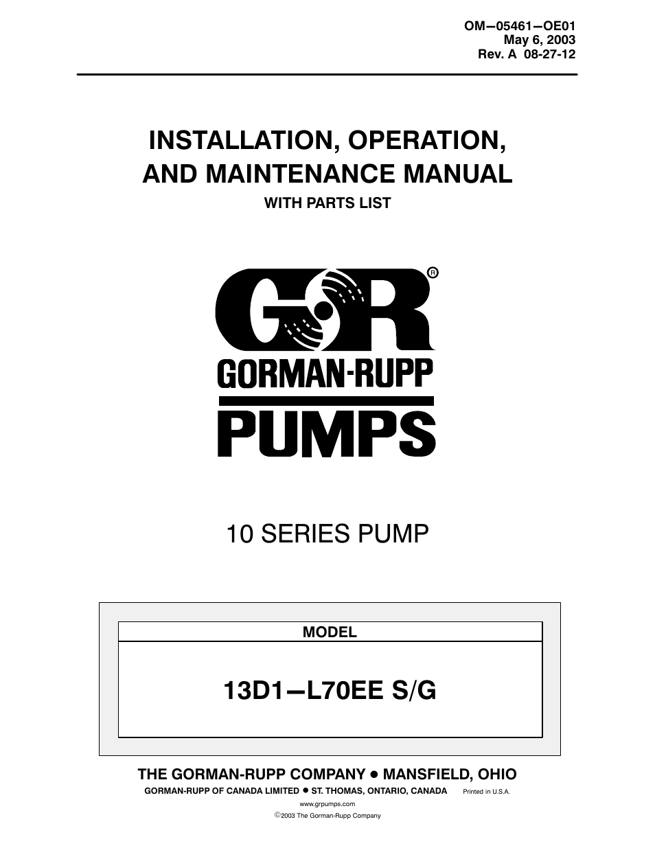 Gorman-Rupp Pumps 13D1-L70EE S/G 1264232 and up User Manual | 28 pages