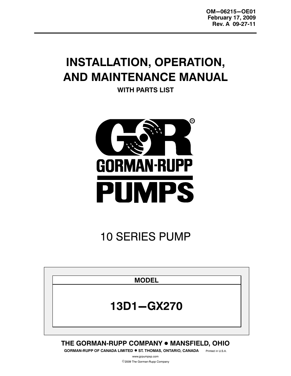 Gorman-Rupp Pumps 13D1-GX270 1421809 and up User Manual | 29 pages