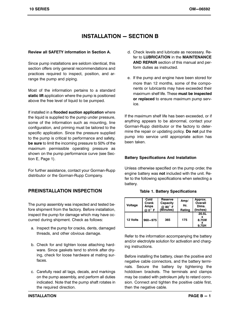 Installation - section b, Preinstallation inspection | Gorman-Rupp Pumps 112D60-B-TCD914L6 1520501 and up User Manual | Page 8 / 36