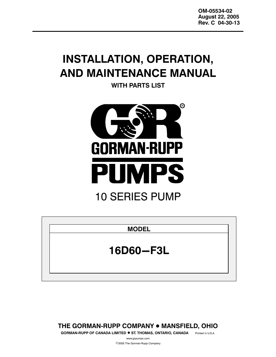 Gorman-Rupp Pumps 16D60-F3L 1318307 and up User Manual | 37 pages