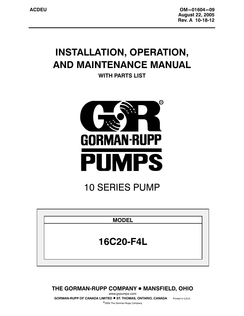 Gorman-Rupp Pumps 16C20-F4L 1317844 and up User Manual | 38 pages