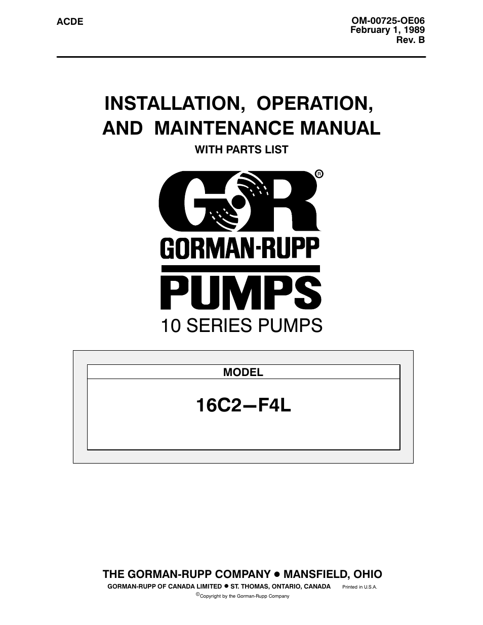 Gorman-Rupp Pumps 16C2-F4L 913960 thru 1013565 User Manual | 36 pages