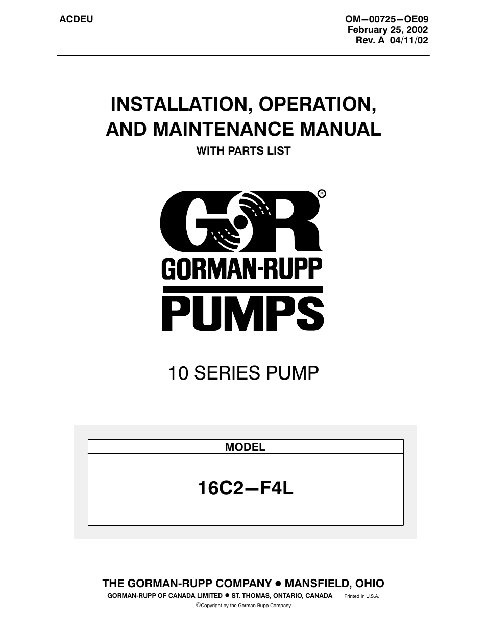 Gorman-Rupp Pumps 16C2-F4L 1237525 thru 1319250 User Manual | 41 pages