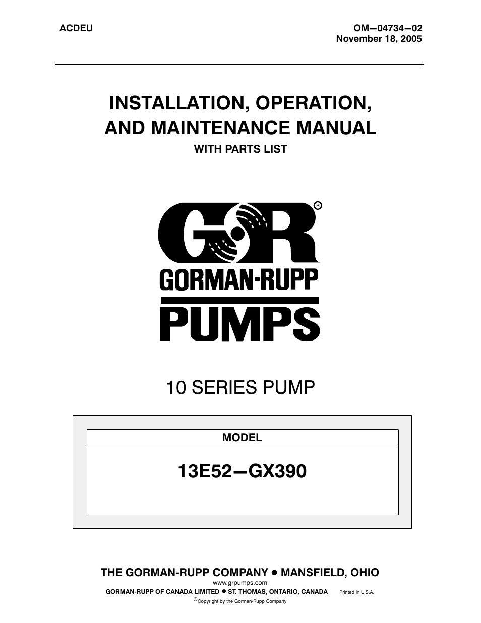 Gorman-Rupp Pumps 13E52-GX390 1368838 and up User Manual | 29 pages