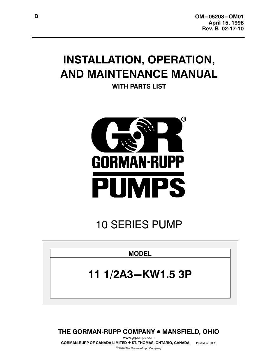 Gorman-Rupp Pumps 11 1/2A3-KW1.5 3P 1214536 and up User Manual | 26 pages