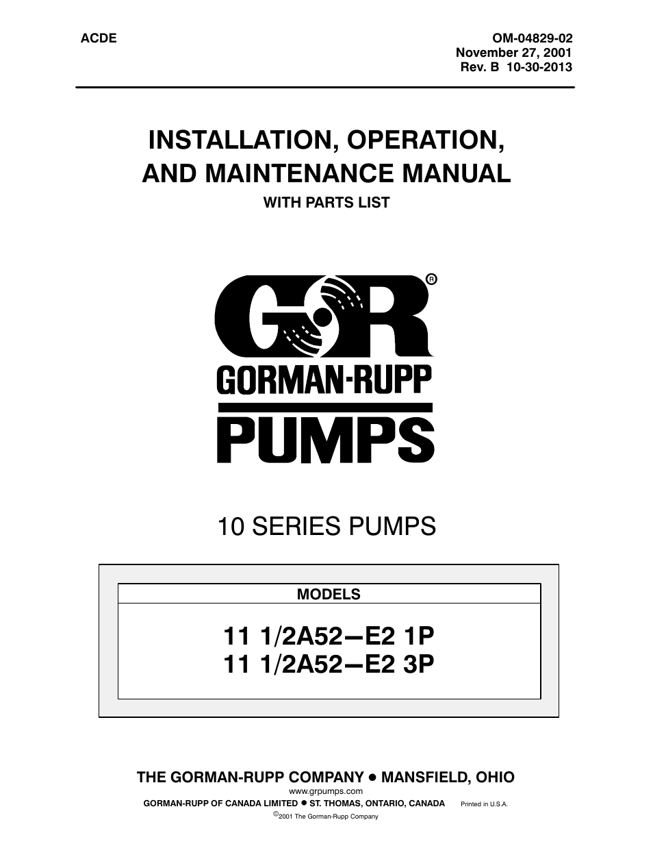 Gorman-Rupp Pumps 11 1/2A52-E2 3P 1235018 and up User Manual | 29 pages