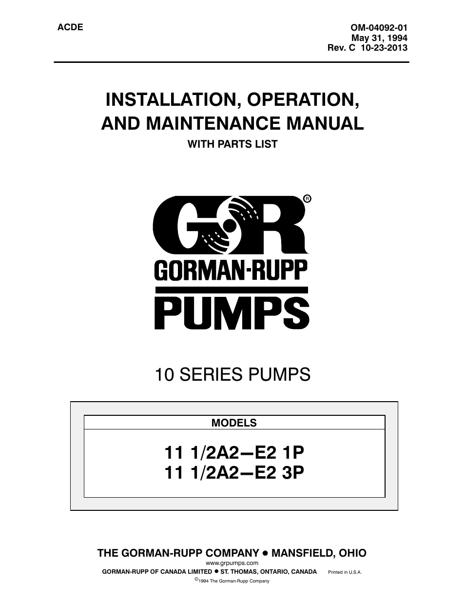 Gorman-Rupp Pumps 11 1/2A2-E2 1P 1046838 and up User Manual | 30 pages