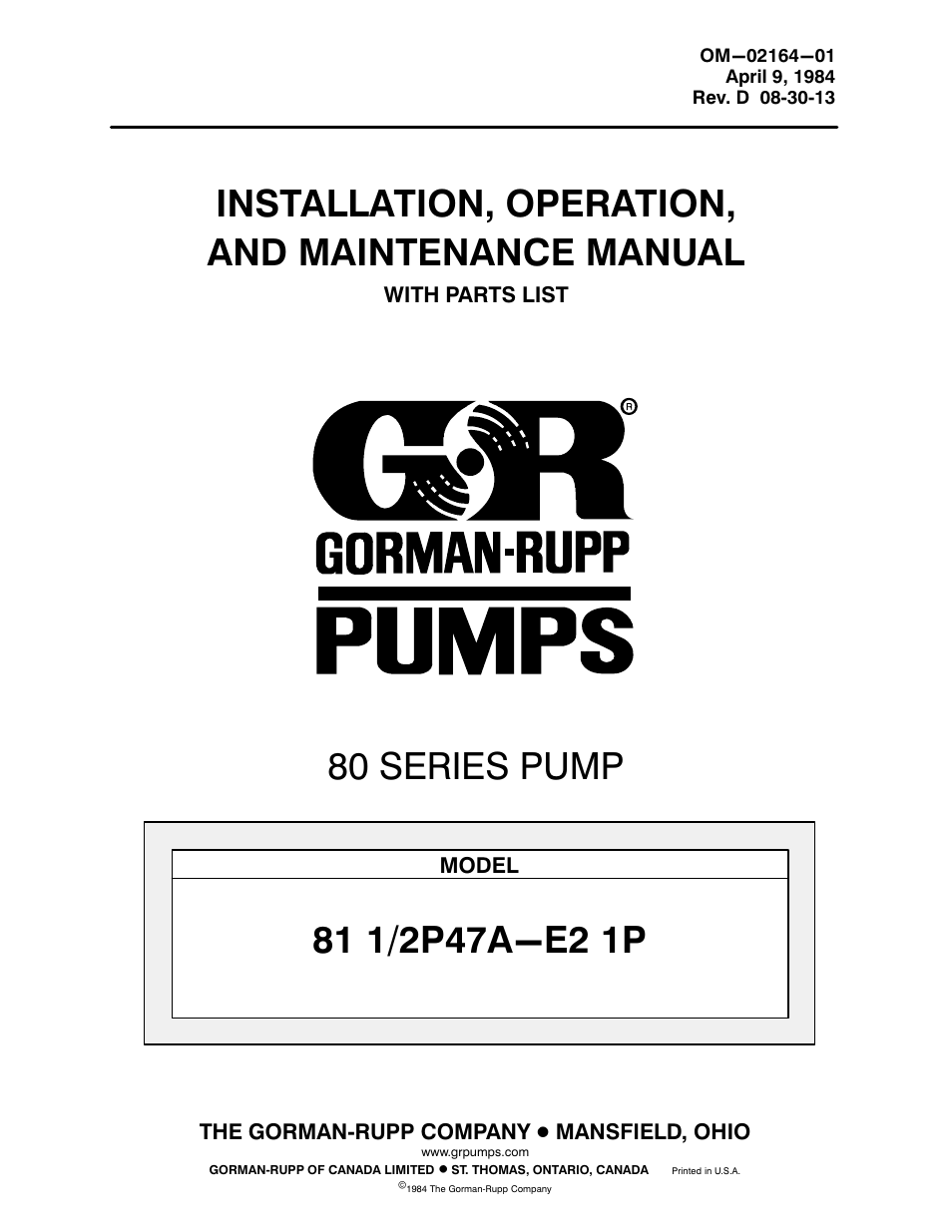 Gorman-Rupp Pumps 81 1/2P47A-E2 1P 801799 and up User Manual | 26 pages