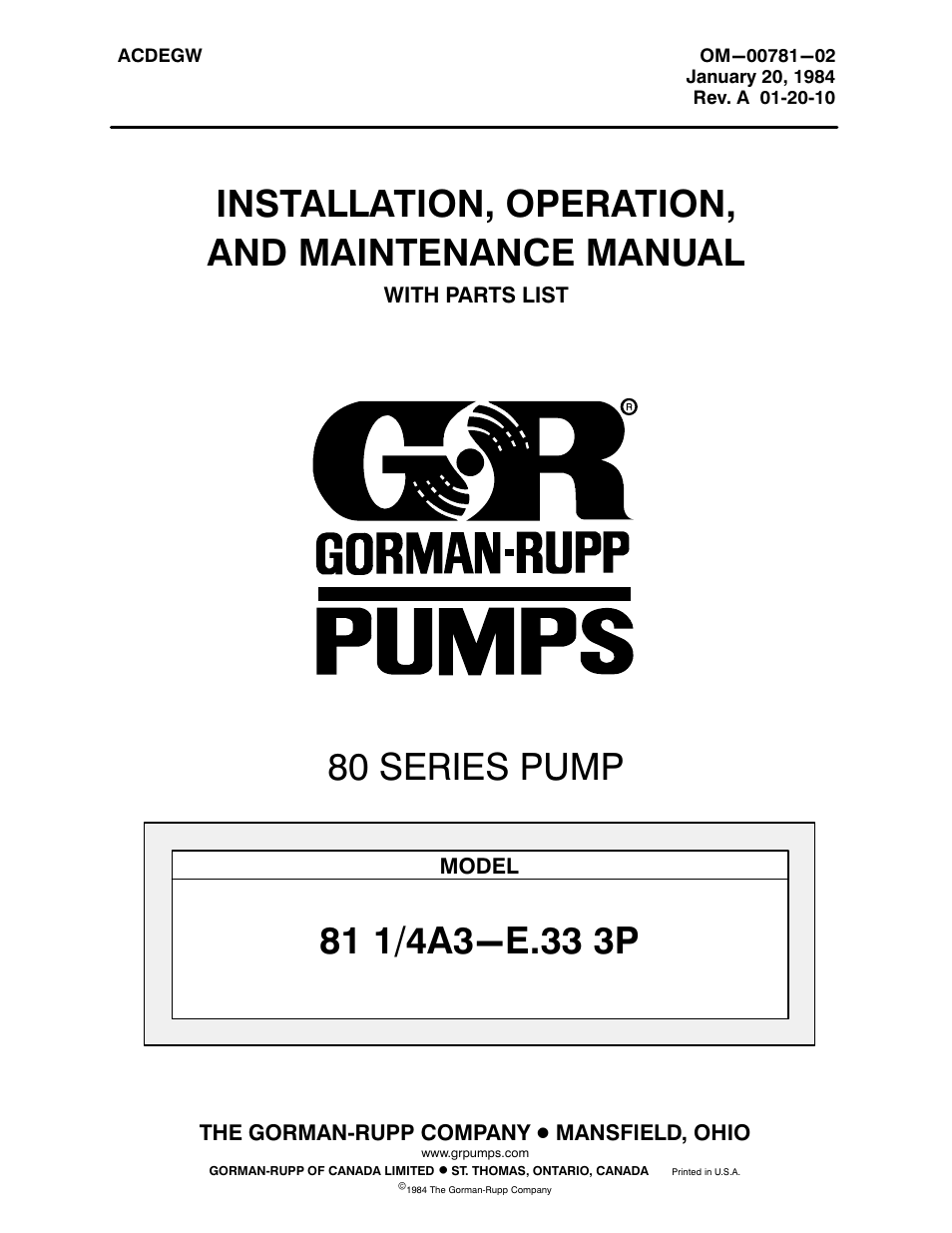 Gorman-Rupp Pumps 81 1/4A3-E.33 3P 794462 and up User Manual | 26 pages