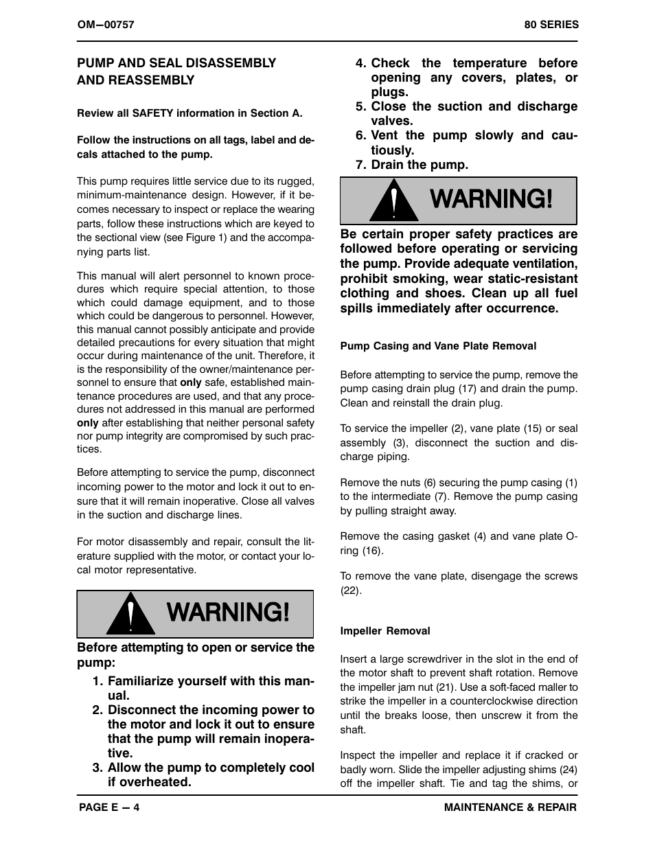 Pump and seal disassemblyand reassembly | Gorman-Rupp Pumps 81 1/2D3-X.75 1P 246091 and up User Manual | Page 22 / 26