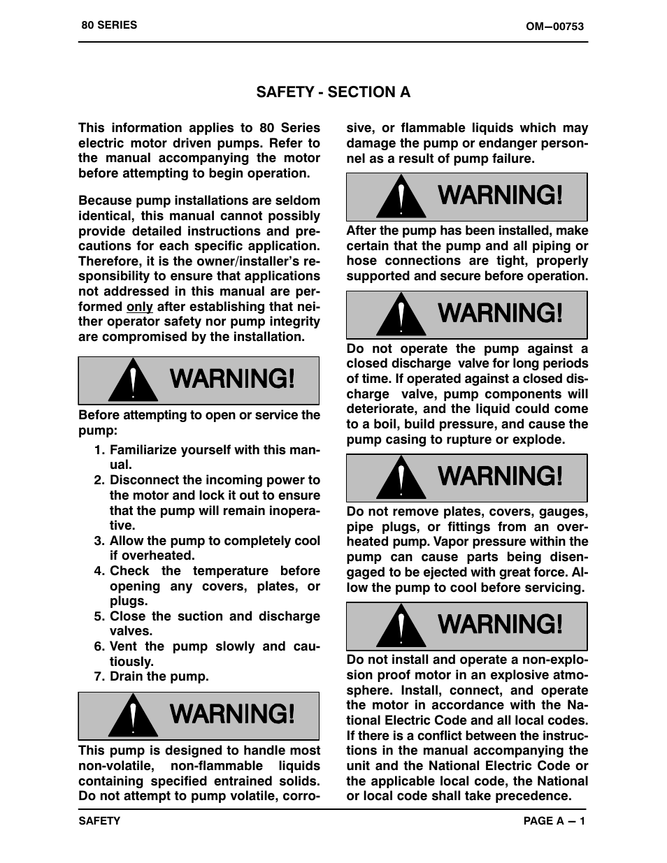 Safety - section a | Gorman-Rupp Pumps 81 1/2D3-E.75 3P 252952 and up User Manual | Page 6 / 26