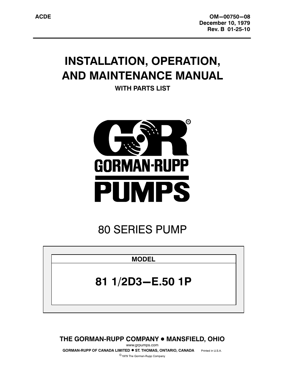 Gorman-Rupp Pumps 81 1/2D3-E.50 1P 262113 and up User Manual | 26 pages