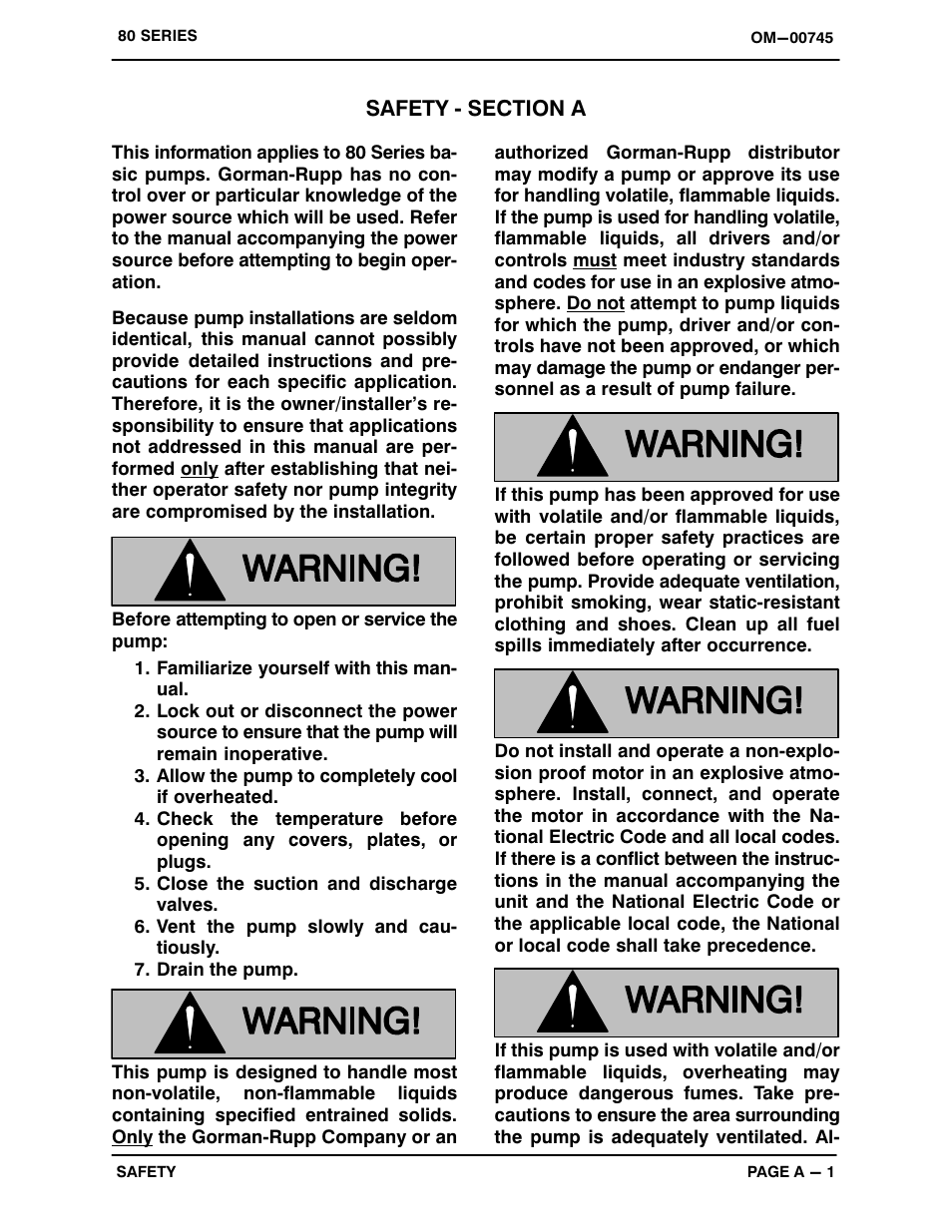 Safety - section a | Gorman-Rupp Pumps 81 1/2B3-B 263741 and up User Manual | Page 6 / 31