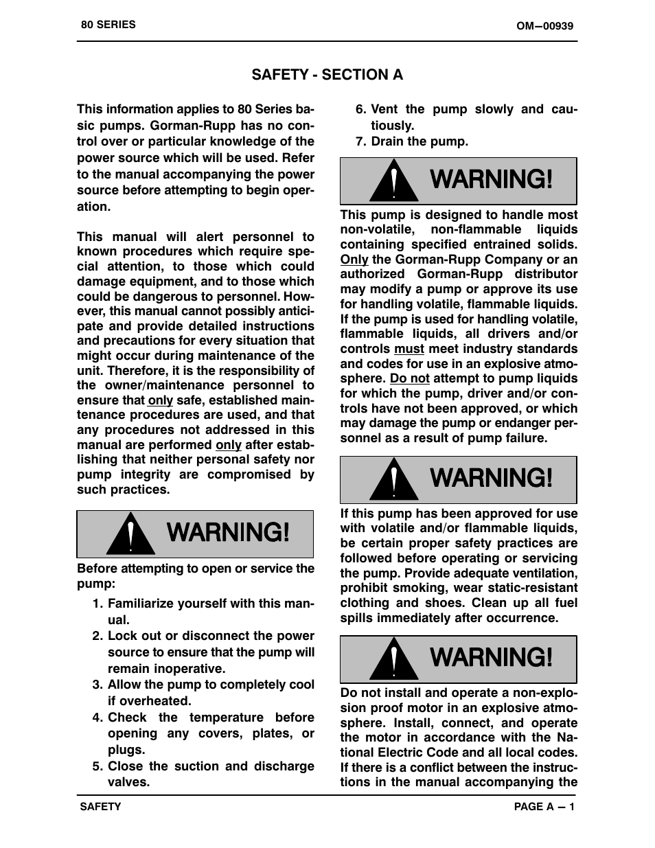 Safety ‐ section a | Gorman-Rupp Pumps 84B3-B 664926 and up User Manual | Page 6 / 33