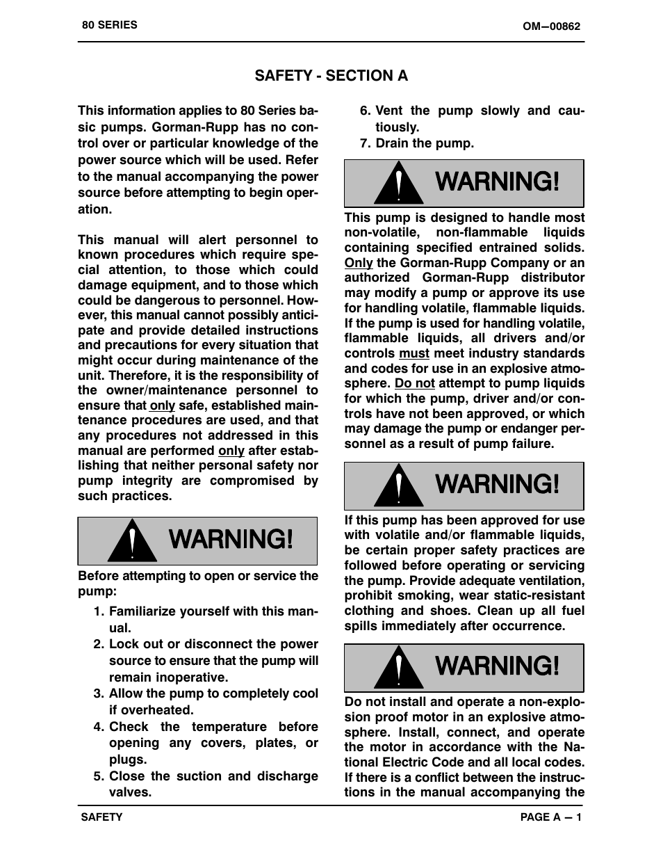 Safety - section a | Gorman-Rupp Pumps 83A3-B 734045 and up User Manual | Page 6 / 33