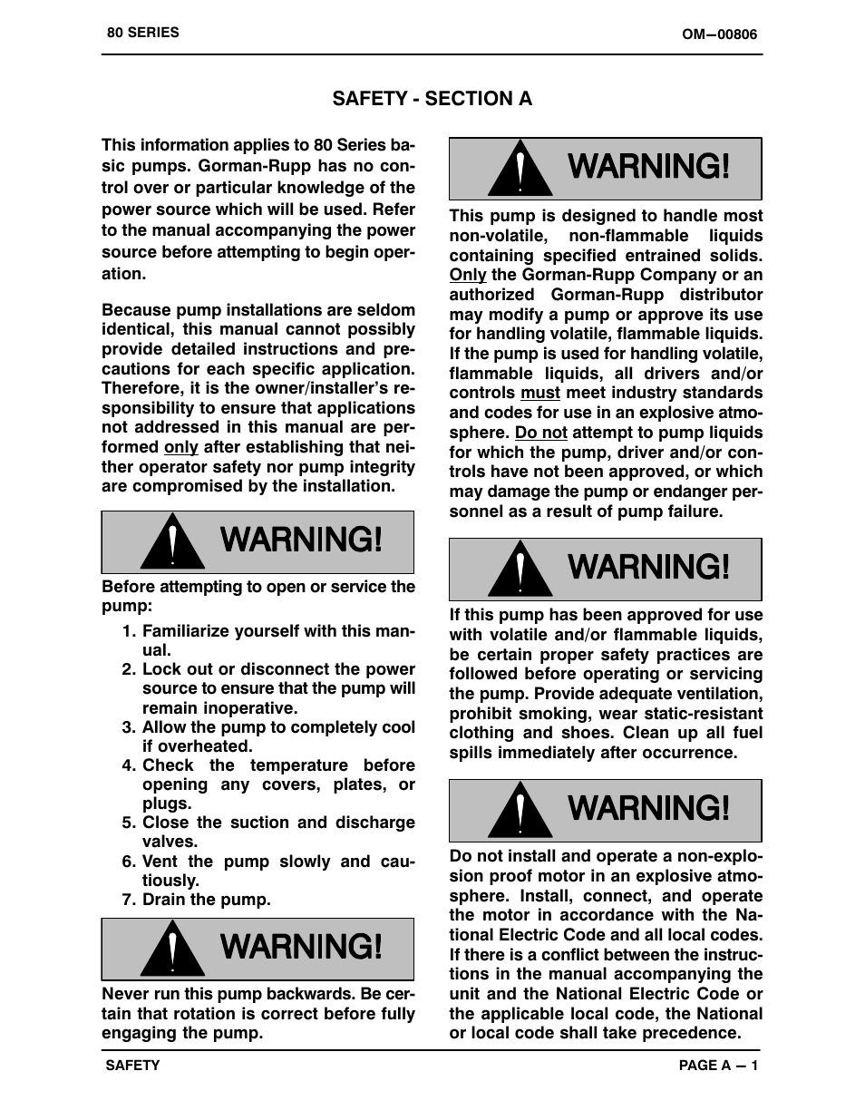 Safety - section a | Gorman-Rupp Pumps 82D3-B 274955 and up User Manual | Page 5 / 30