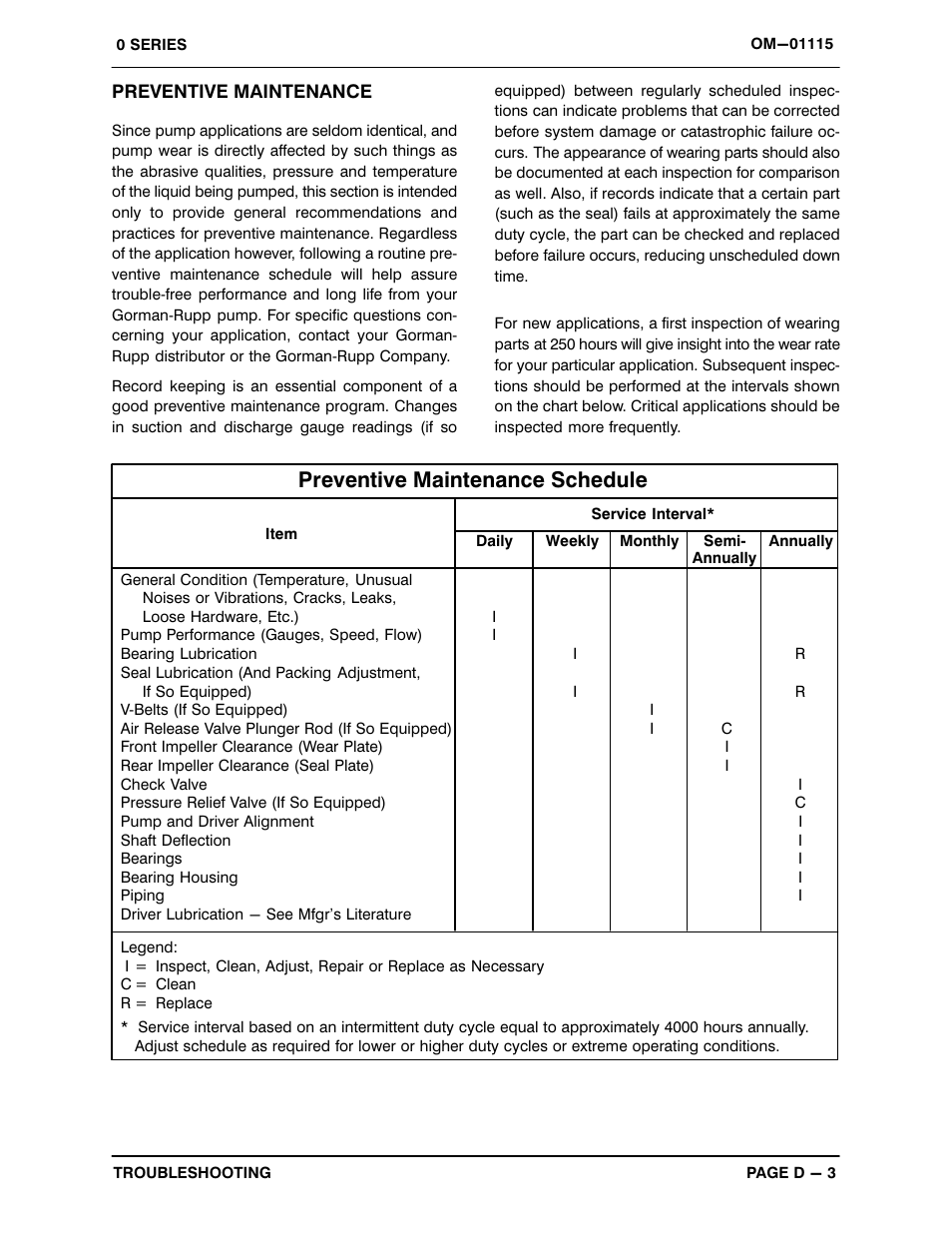 Preventive maintenance schedule | Gorman-Rupp Pumps 02D3-B 260276 and up User Manual | Page 19 / 29