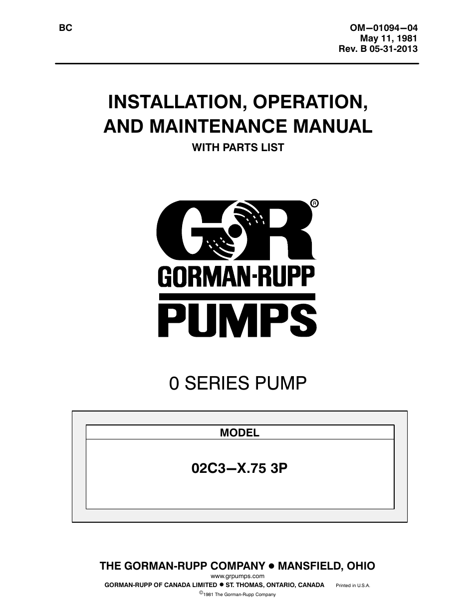 Gorman-Rupp Pumps 02C3-X.75 3P 237887 and up User Manual | 26 pages