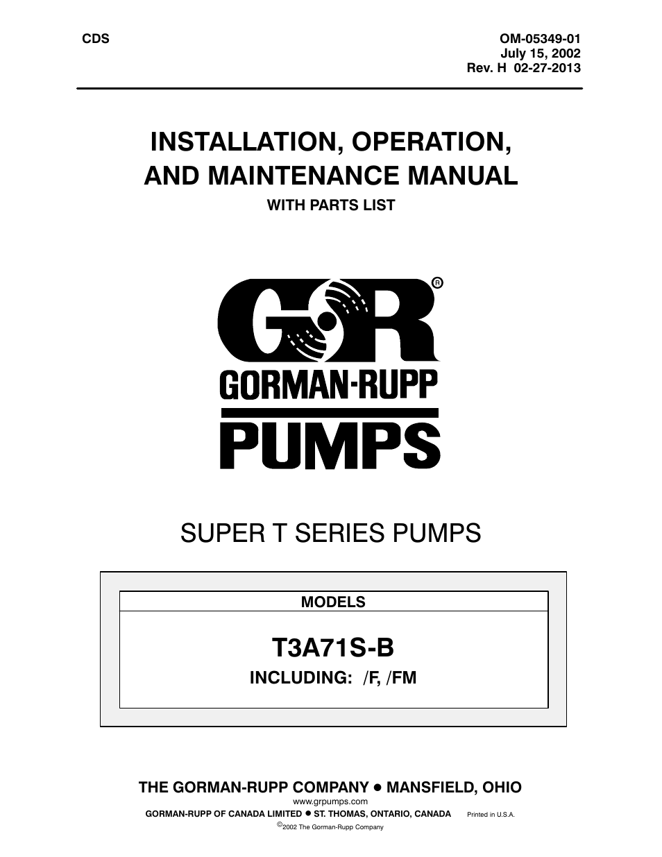 Gorman-Rupp Pumps T3A71S-B /F,/FM User Manual | 39 pages