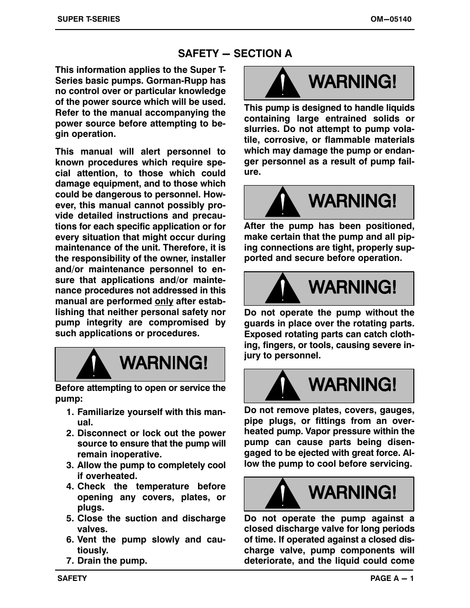 Safety - section a | Gorman-Rupp Pumps T3A3S-B /F,/FM,/WW,/WWS User Manual | Page 6 / 40