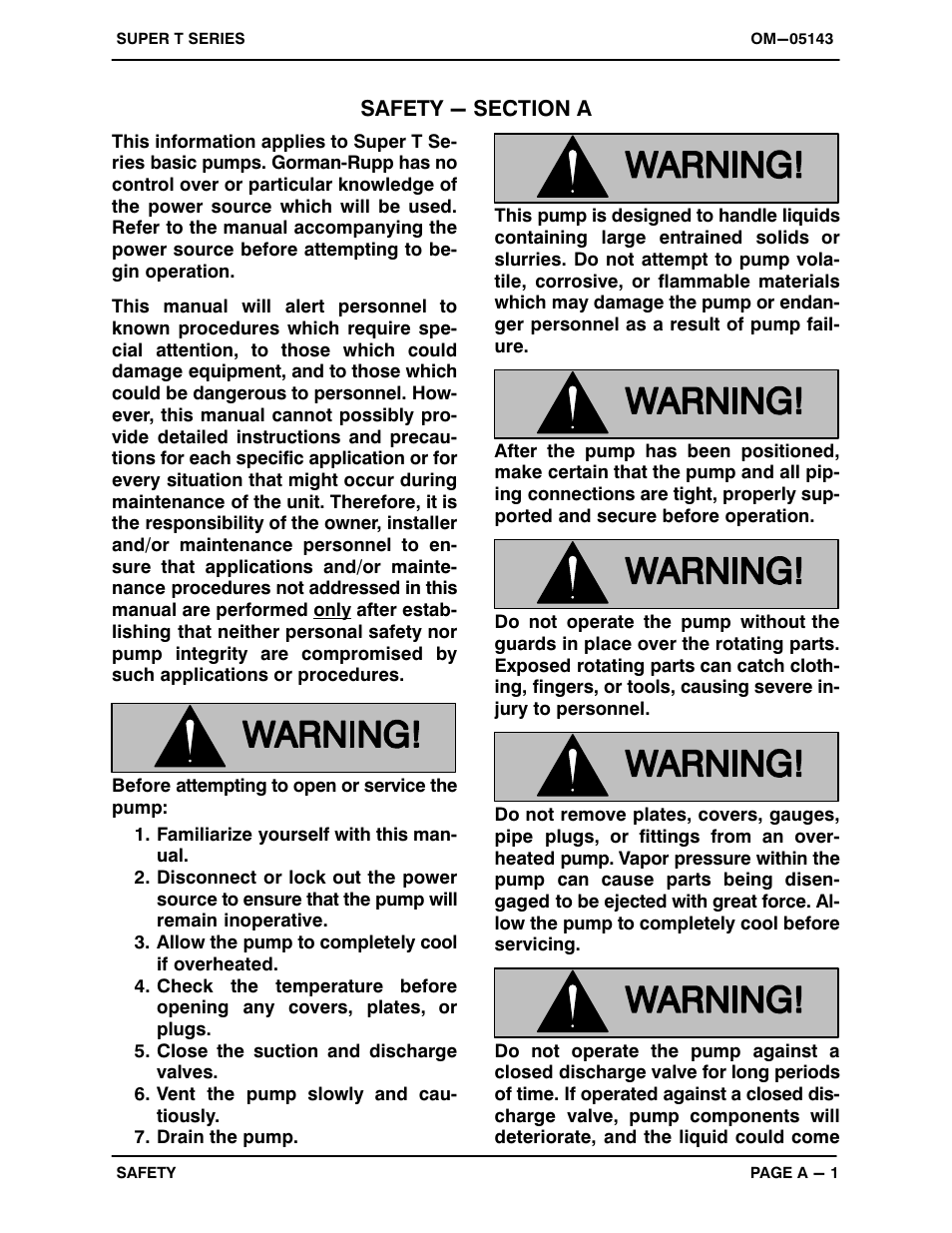 Safety - section a | Gorman-Rupp Pumps T4A60S-B /F,/FM,/WW User Manual | Page 6 / 40