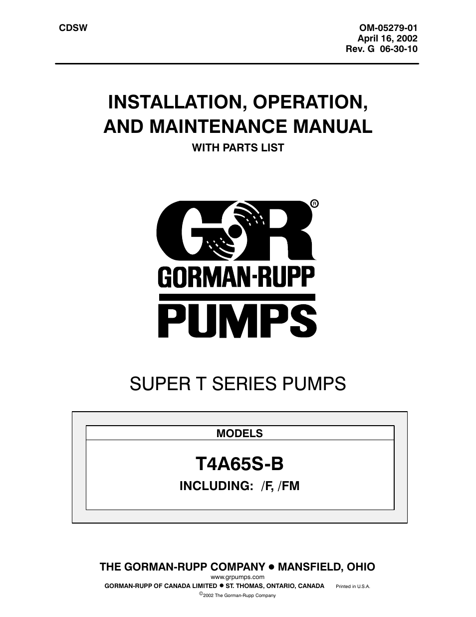 Gorman-Rupp Pumps T4A65S-B /F,/FM User Manual | 39 pages