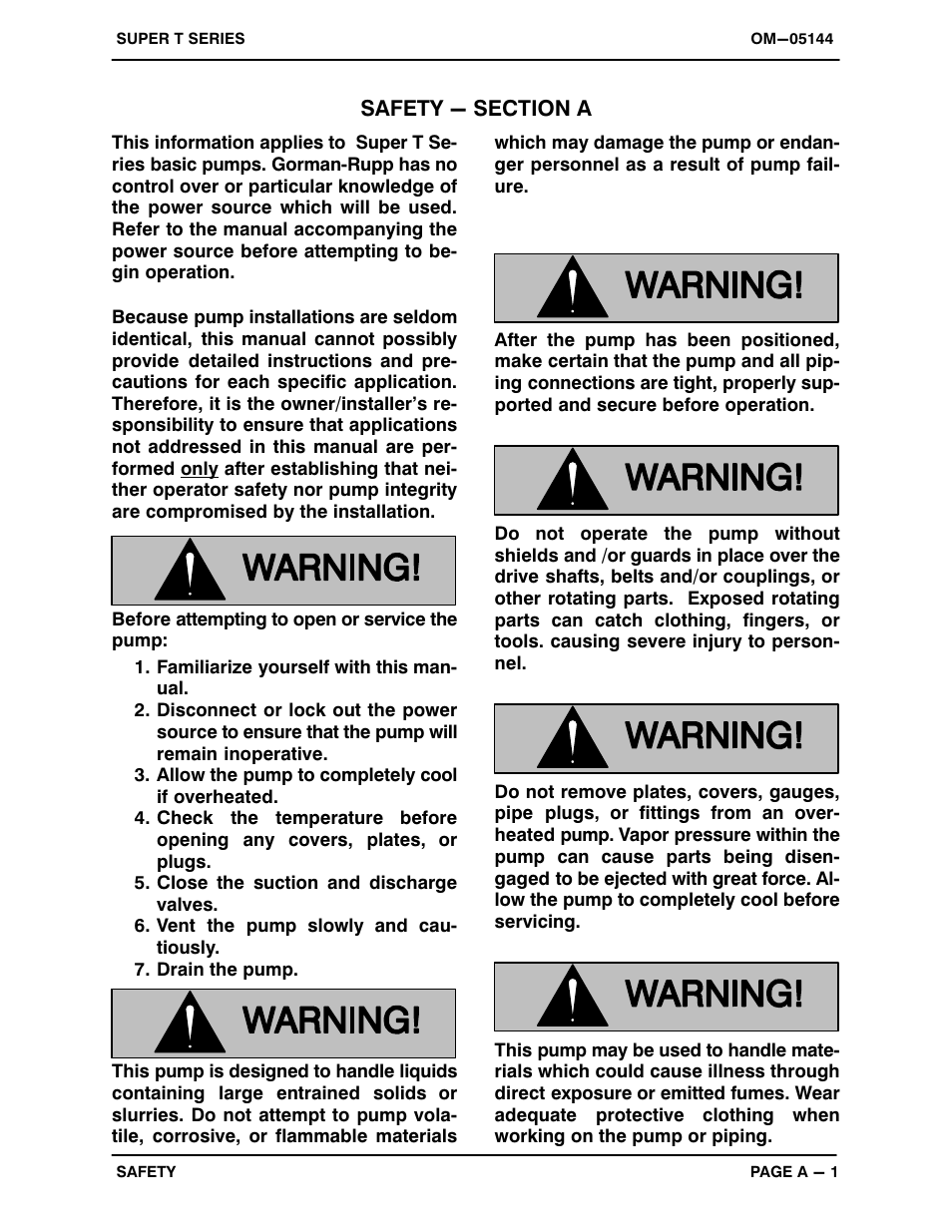 Safety - section a | Gorman-Rupp Pumps T6A3S-B /F,/FM,/WW,/WWS User Manual | Page 6 / 39