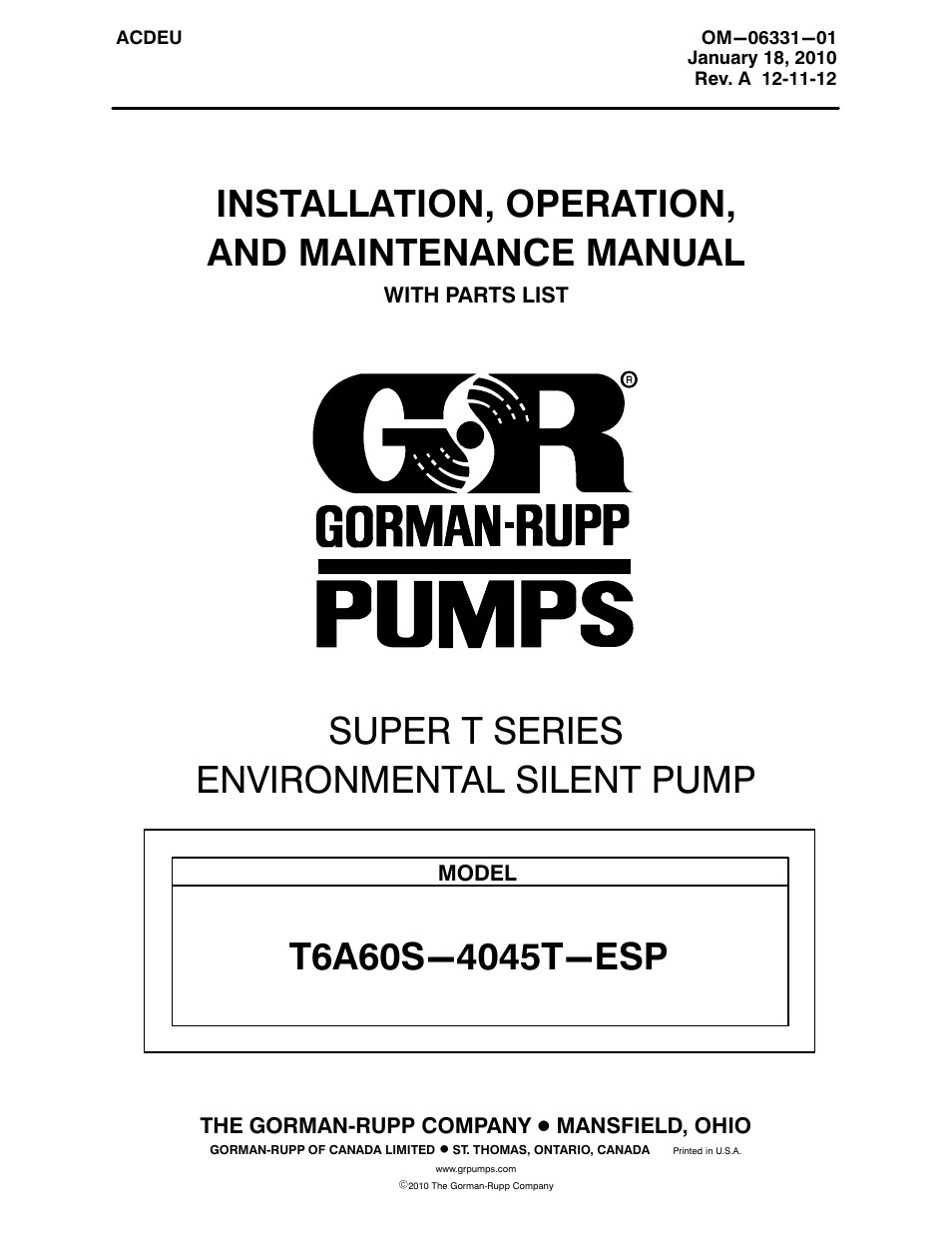 Gorman-Rupp Pumps T6A60S-4045T-ESP 1473164 and up User Manual | 53 pages