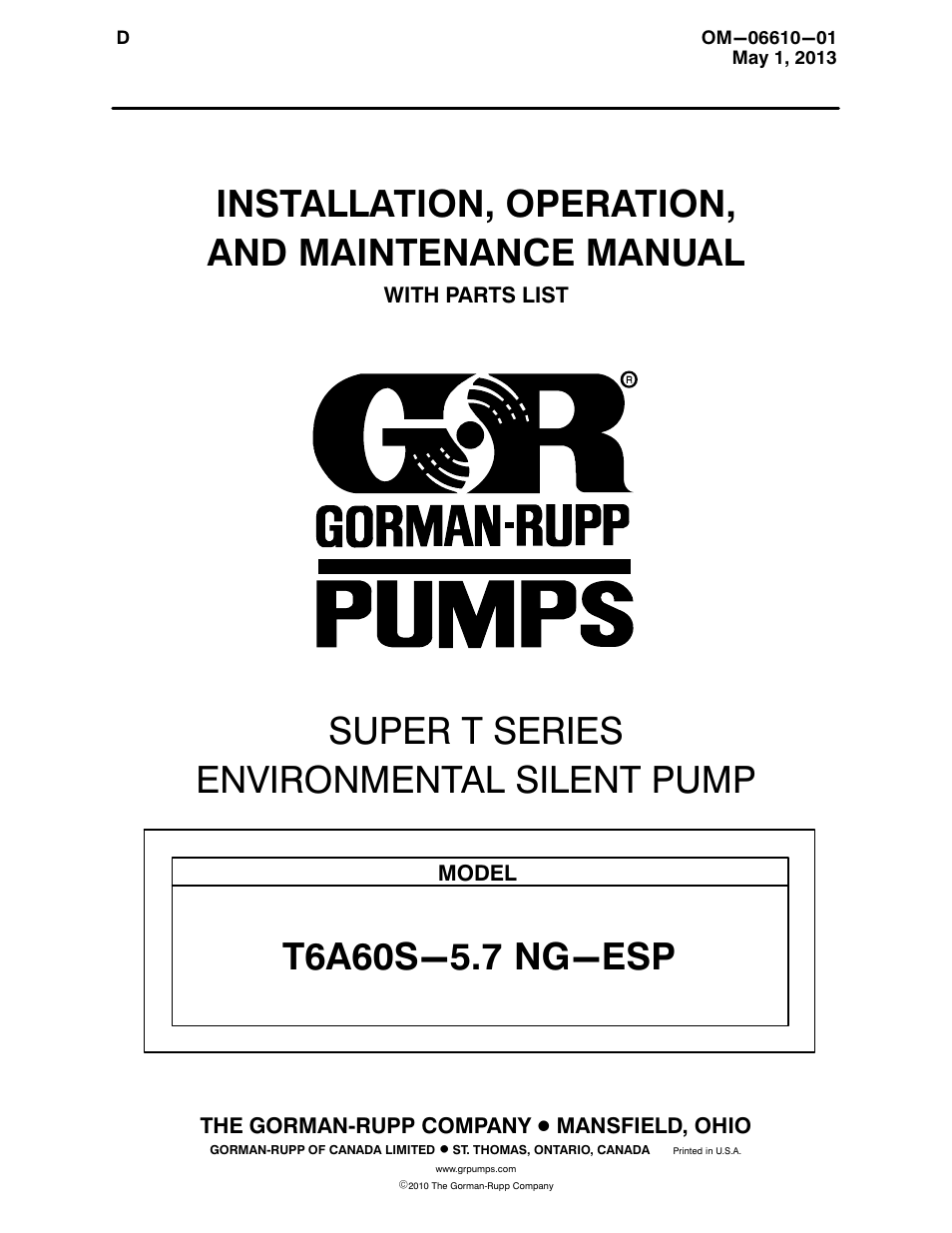 Gorman-Rupp Pumps T6A60S-5.7 NG-ESP All serial numbers User Manual | 55 pages