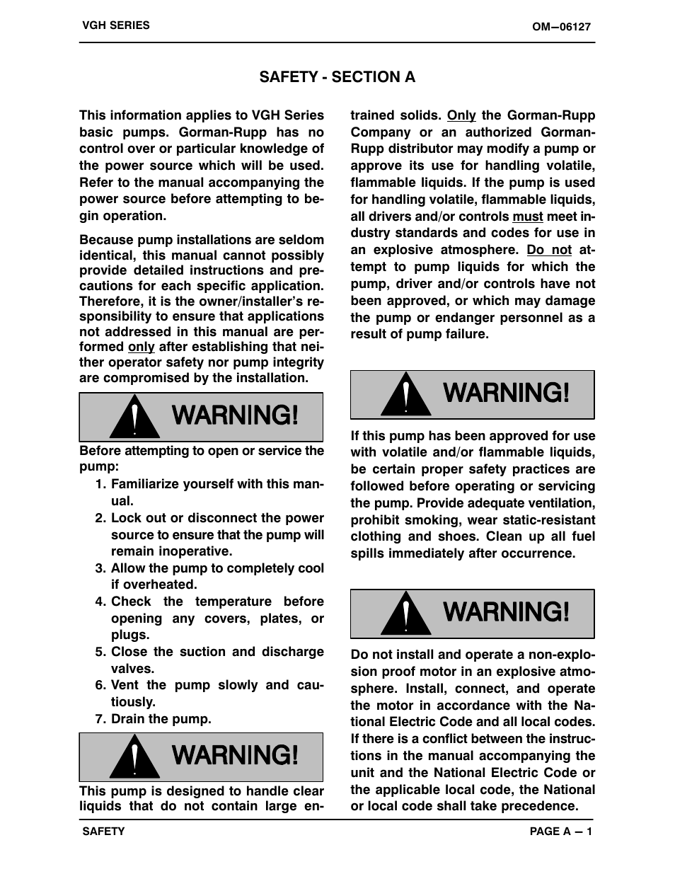 Safety - section a | Gorman-Rupp Pumps VGH4D31-B 1379872 thru 1211396 User Manual | Page 6 / 33