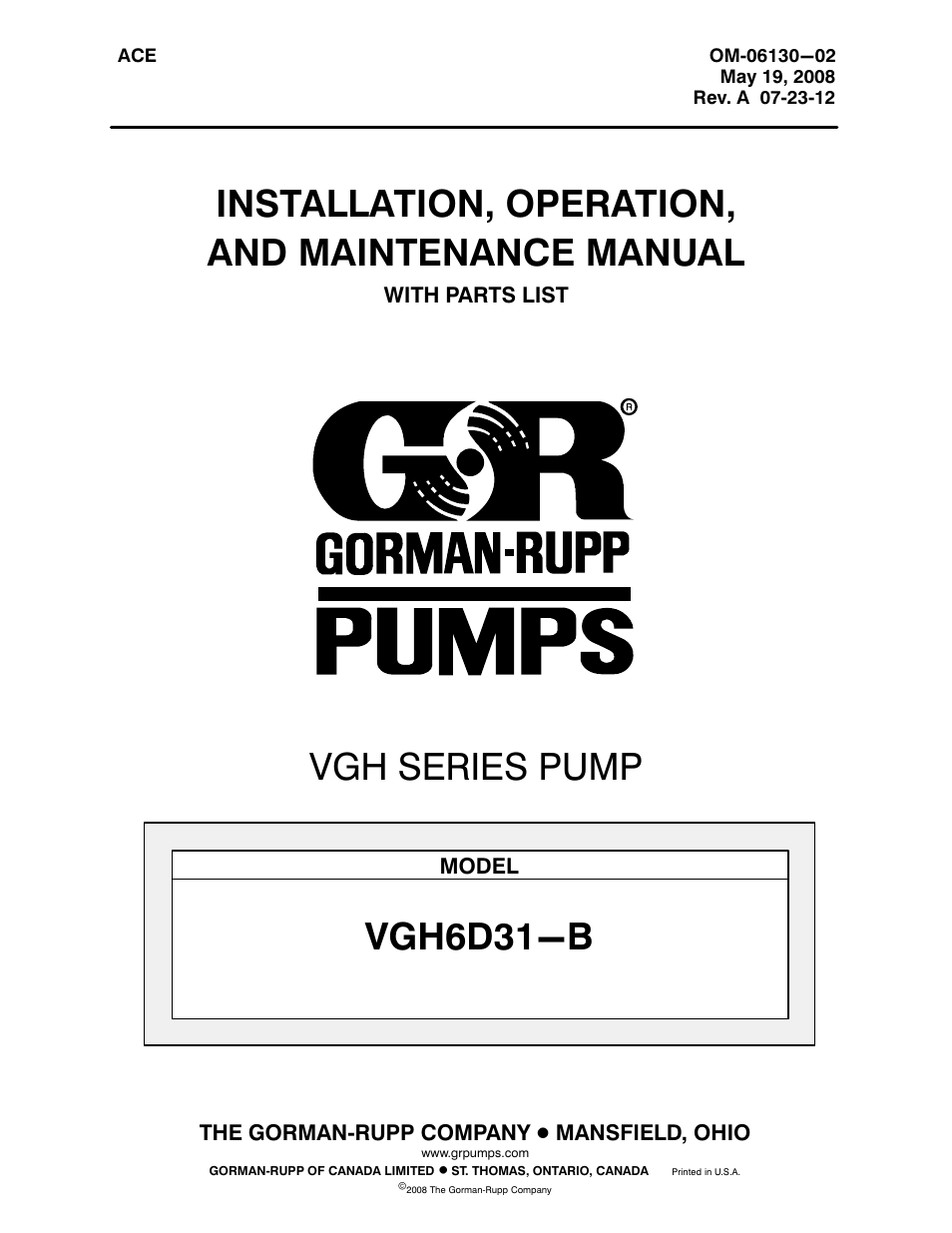 Gorman-Rupp Pumps VGH6D31-B 1379872 thru 1208732 User Manual | 33 pages